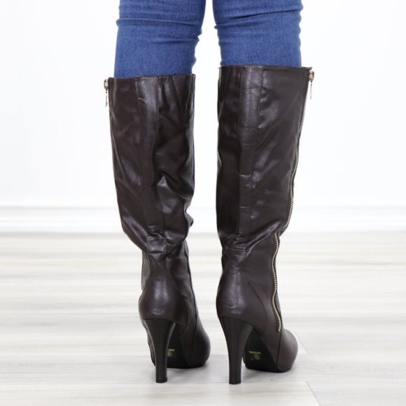 Brown Heeled Knee High Boots Faux Leather - Picture 4 of 14
